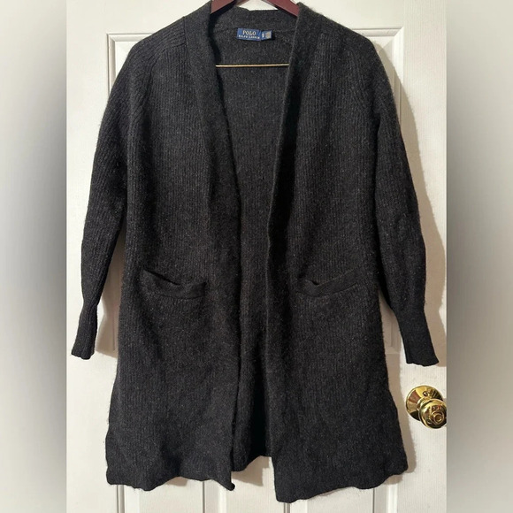 POLO RALPH LAUREN Vintage WOOL CASHMERE Charcoal Open Front Cardigan Pockets XS - Picture 1 of 10